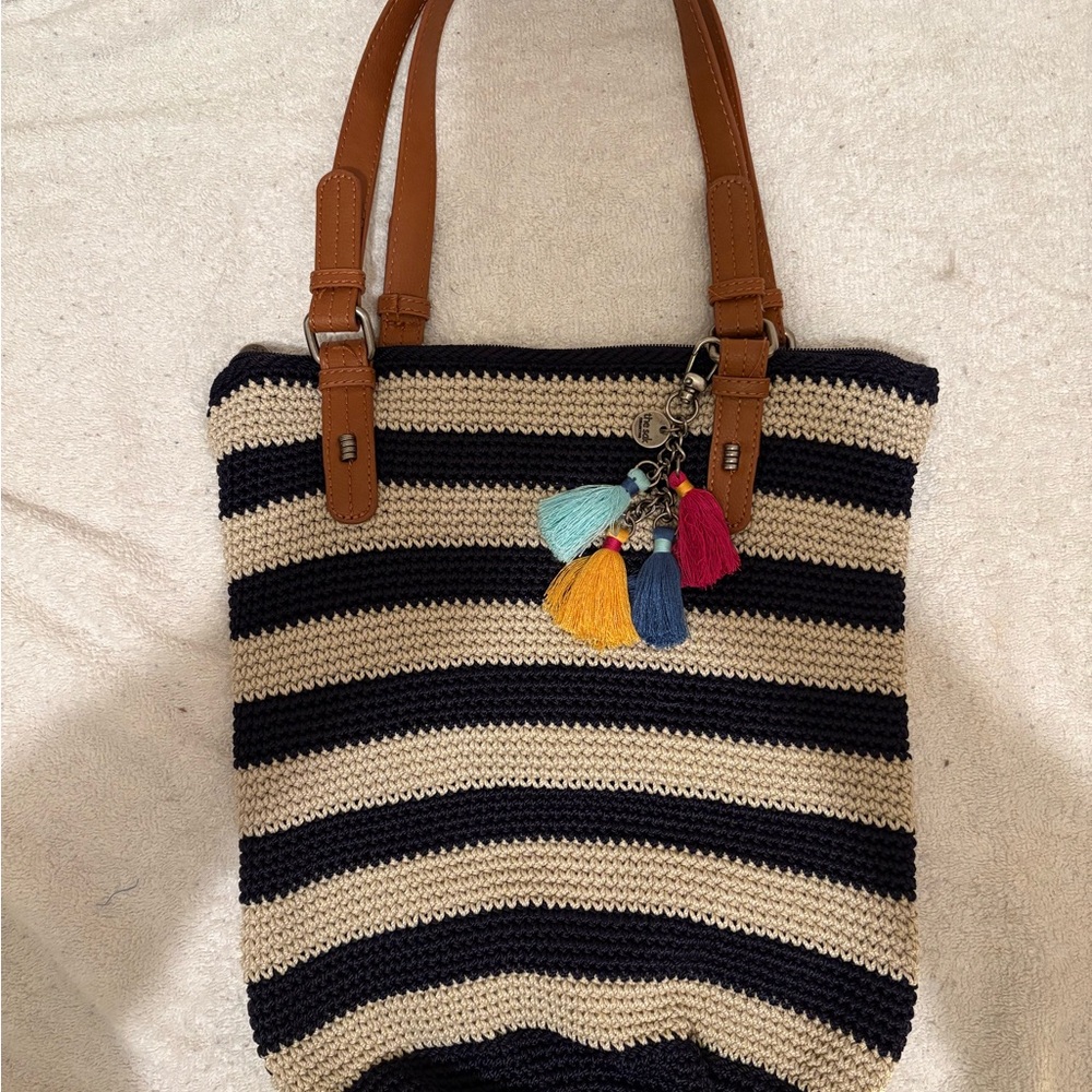 The Sak Navy and Cream Striped Tote with Brown Handles